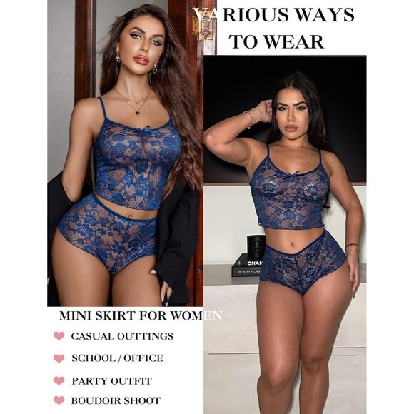 🆕Women Blue Lace Bra and Panty Set V Neck Baby doll 2 Piece Mesh Bralette Set - Picture 5 of 6